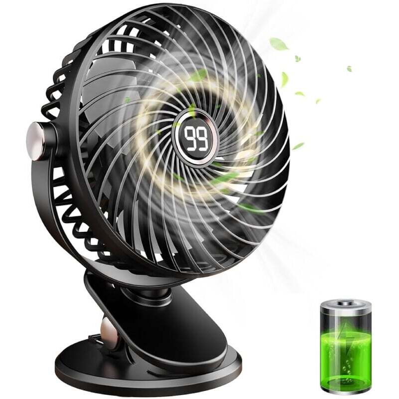Table Fan, Mini Quiet usb Fan with lcd Display, Small Portable Rechargeable Fan, 5 Speeds, 720° Rotation, Clip Fan for Office, Home and Camping