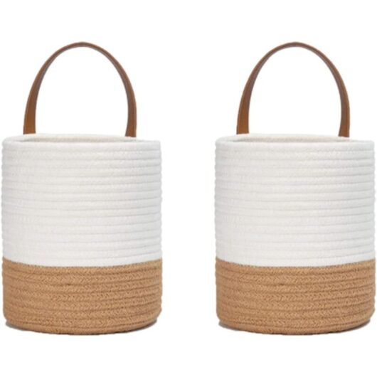 Tinor - 2 Pcs Cotton Rope Woven Plant Baskets, Hanging Woven Wall Basket Set, Cotton Rope Basket, for Flower Pot Cotton Stand Home Decor White + Jute