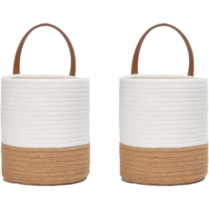 Tinor - 2 Pcs Cotton Rope Woven Plant Baskets, Hanging Woven Wall Basket Set, Cotton Rope Basket, for Flower Pot Cotton Stand Home Decor White + Jute