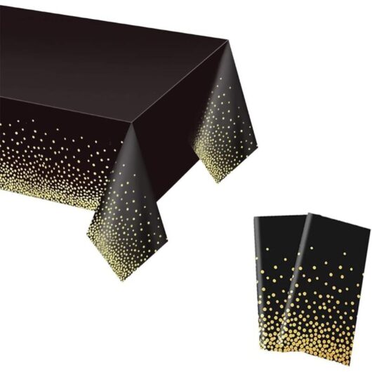 Tinor - 2 Pieces Waterproof Plastic Polka Dot Tablecloth, 137x274 cm Black Tablecloth with Gold Polka Dots, Disposable Rectangular Party Tablecloths