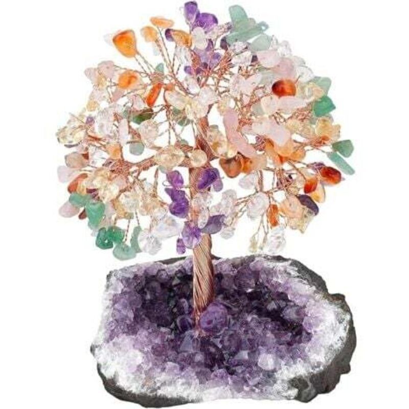 Tree of Life in 7 Chakra Natural Crystals Feng Shui Tree Decoration with Amethyst Base Reiki Stone Decorative Table Ornament, Meditation Decoration