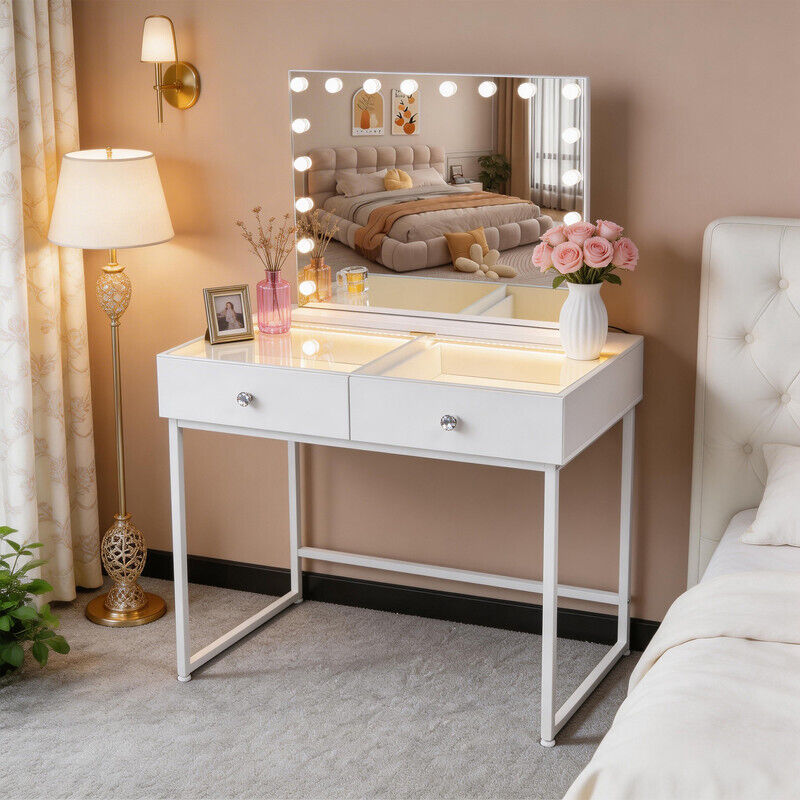 VANITII Dressing table with LED lighting,Makeup Mirror with LED Light,Three Light Settings,Adjustable Brightness,2-drawer Vanity table 100 x 81 x 55