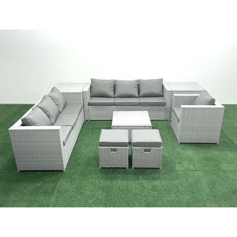 Wicker pe Rattan Sofa Garden Furniture Set with Armchair Square Coffee Table 2 Small Footstools 2 Side Tables Light Grey Mixed - Fimous