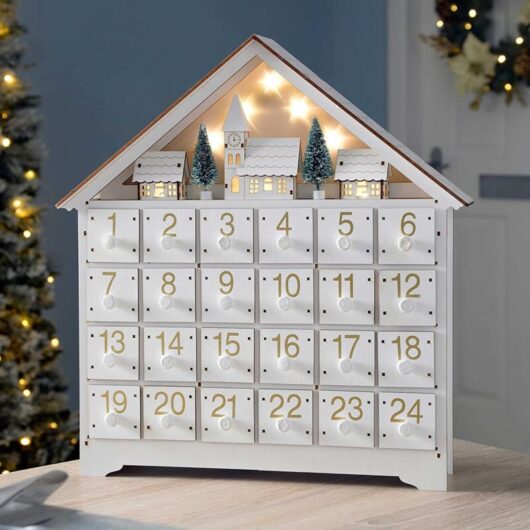 Wooden Christmas Advent Calendar with Drawers, Reusable LED Light, 24-Day Countdown to Christmas, Large Foldable LED Advent Box, Christmas Table