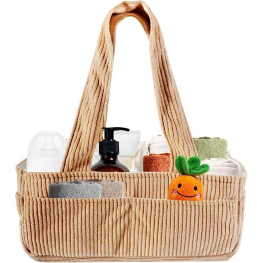 Youyijia Corduroy Baby Diaper Caddy Organizer Large Nappy Basket with Removable Dividers, Portable Nursery Storage Organizer for Newborn Essentials